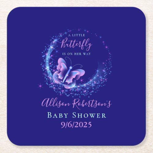 Purple Sparkle Butterfly Girl Baby Shower Square Paper Coaster