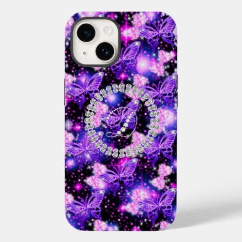 Purple Sparkle Diamond Butterfly Personalised  Case_Mate iPhone 14 Case