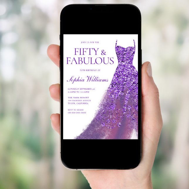 Purple Sparkle Dress 50th Birthday Party  Invitation (Front Digital)
