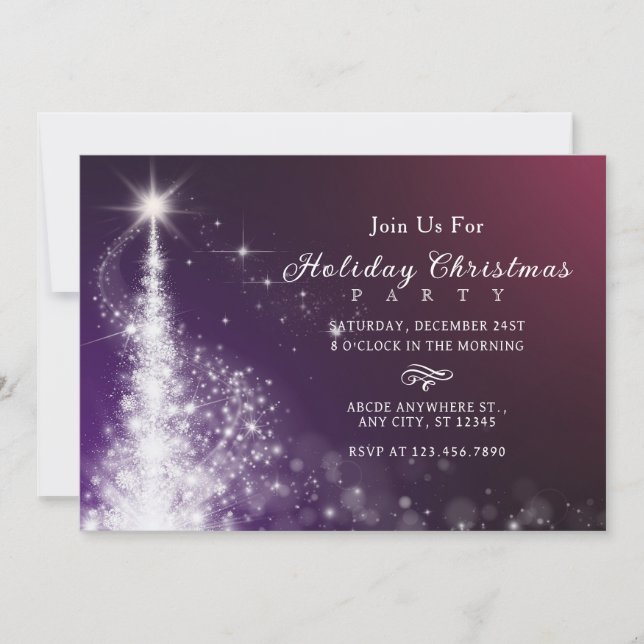 Purple sparkle elegant christmas tree  invitation (Front)