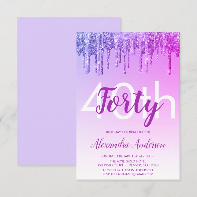 Purple Sparkle Glitter 40th Birthday Party Invitation (Front/Back)