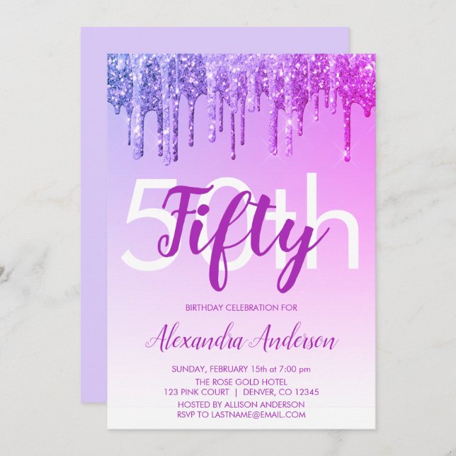 Purple Sparkle Glitter 50th Birthday Party Invitation (Front/Back)