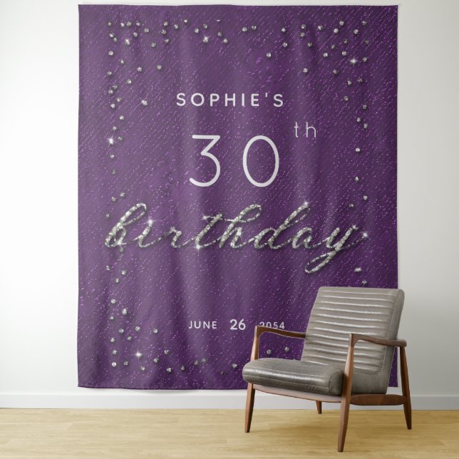 Purple Sparkle Glitter Birthday Party Backdrop (In Situ)