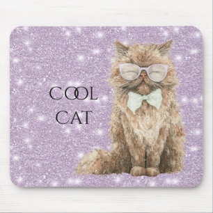 Purple Sparkle Glitter Brown Cool Cat Glasses Mouse Pad