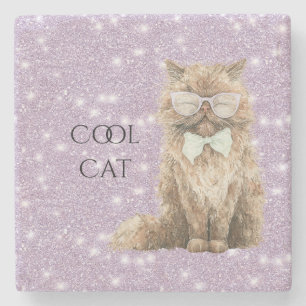 Purple Sparkle Glitter Brown Cool Cat Glasses Stone Coaster