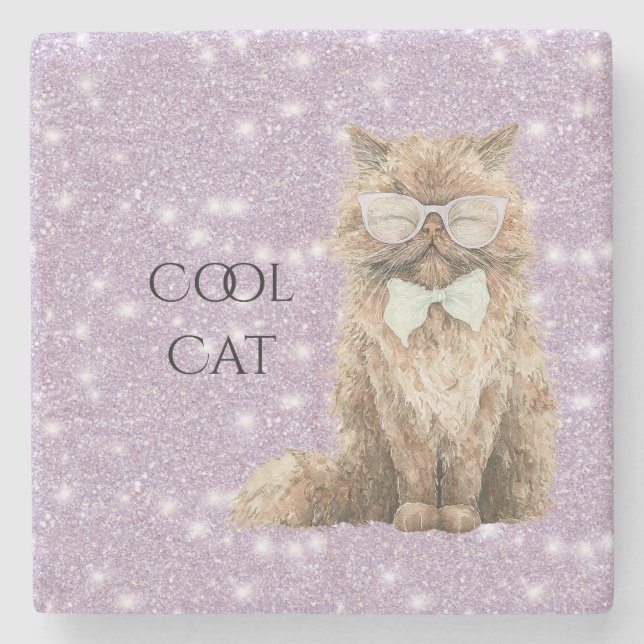 Purple Sparkle Glitter Brown Cool Cat Glasses   Stone Coaster (Front)