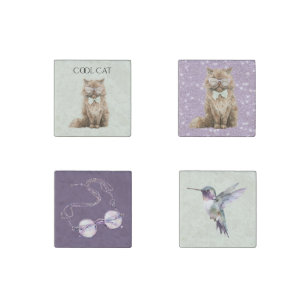 Purple Sparkle Glitter Brown Cool Cat Glasses Stone Magnet