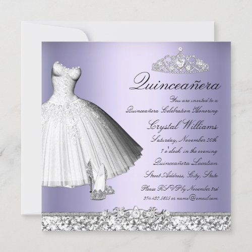 Purple Sparkle Glitter Dress  Heels Quinceanera Invitation
