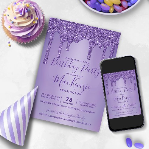 Purple Sparkle Glitter Drips Any Year Birthday Invitation
