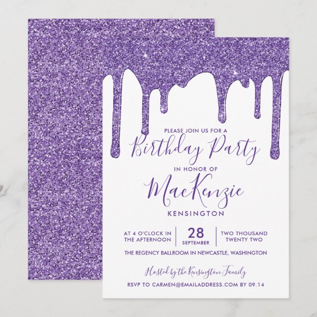 Purple Sparkle Glitter Drips Any Year Birthday Invitation (Front/Back)