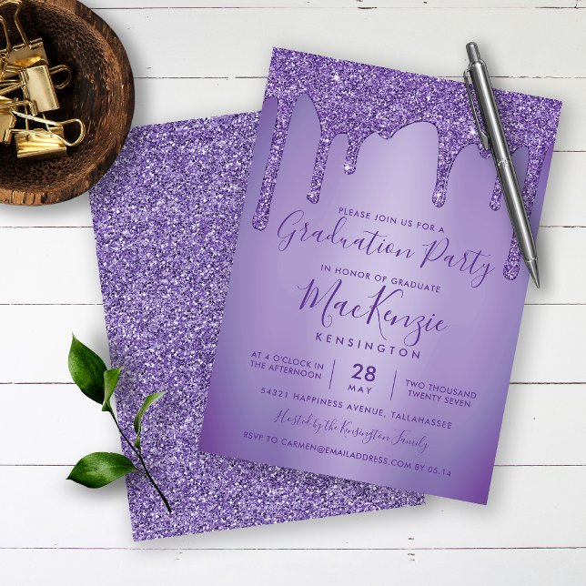 Purple Sparkle Glitter Drips Graduation Party Invitation (Creator Uploaded)