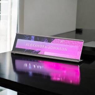 Purple Sparkle Glitter Foil and Black Marble Desk Name Plate