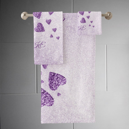 Purple Sparkle Glitter Hearts Lavender Bath Towel Set