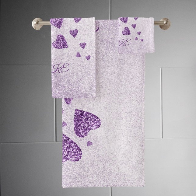 Purple sparkle glitter hearts lavender bath towel set (Creator Uploaded)