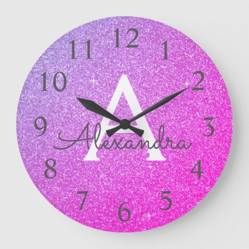 Purple Sparkle Glitter Monogram Name  Initial Large Clock