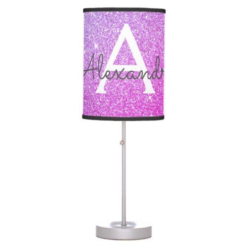 Purple Sparkle Glitter Monogram Name Table Lamp