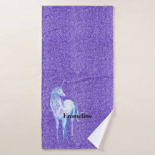 Purple Sparkle Glitter Unicorn Name    Bath Towel Set