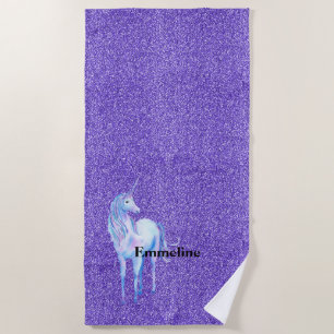 Purple Sparkle Glitter Unicorn Name Beach Towel