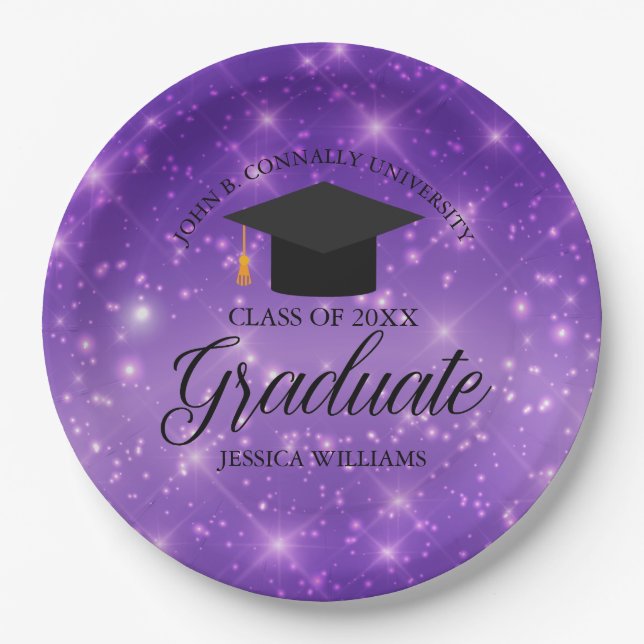 Purple Sparkle Graduate Custom Graduation Party Paper Plates (Front)
