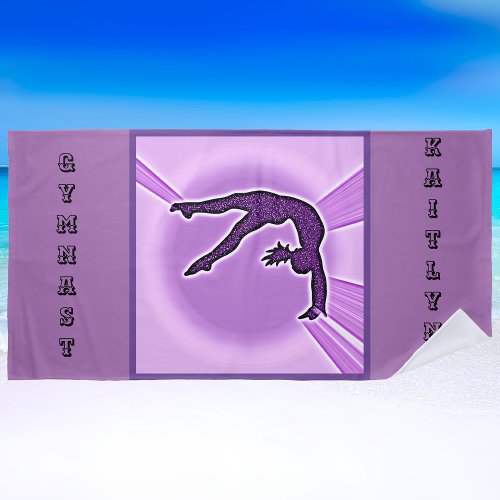 Purple Sparkle Gymnastics Ribbon Custom Name  Beach Towel