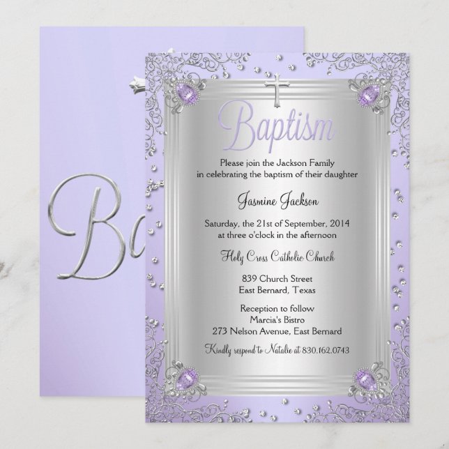 Purple Sparkle Jewel Baptism Christening Invitation (Front/Back)