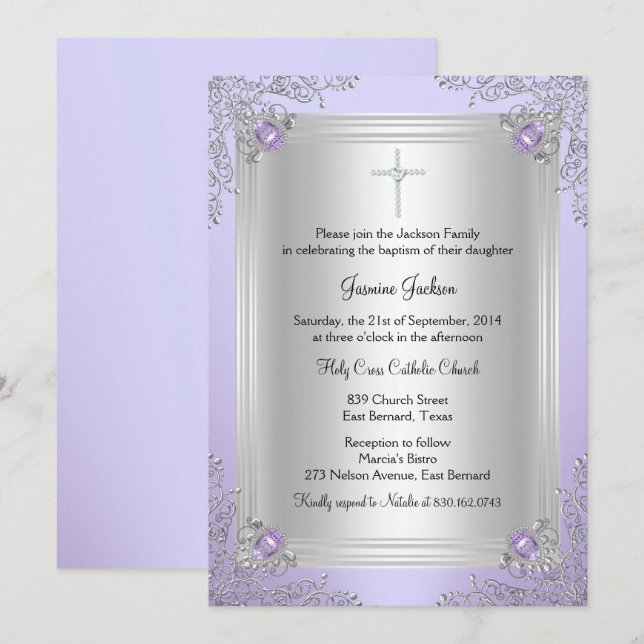 Purple Sparkle Jewel Baptism/Christening Invite (Front/Back)