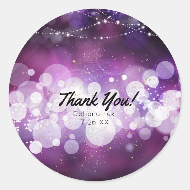 Purple Sparkle Lights Glam Birthday Party Favor Classic Round Sticker (Front)