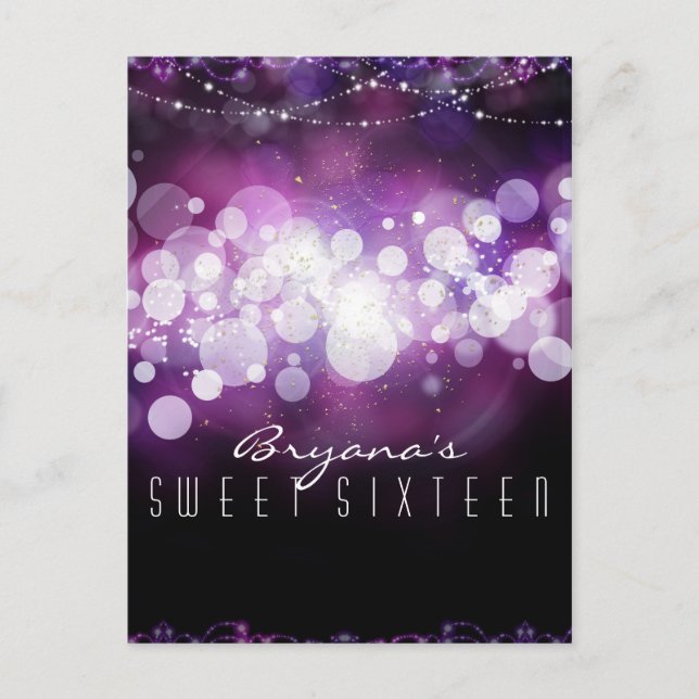 Purple Sparkle Lights Glam Birthday Party Invitation Postcard (Front)