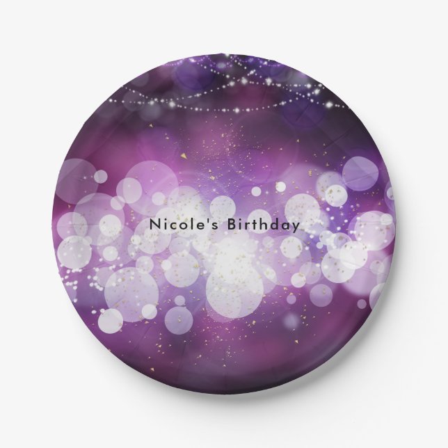 Purple Sparkle Lights Glam Birthday Party Paper Plates (Front)