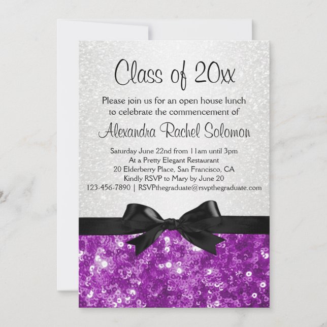 Purple Sparkle-look Bow Graduation Invitation (Front)