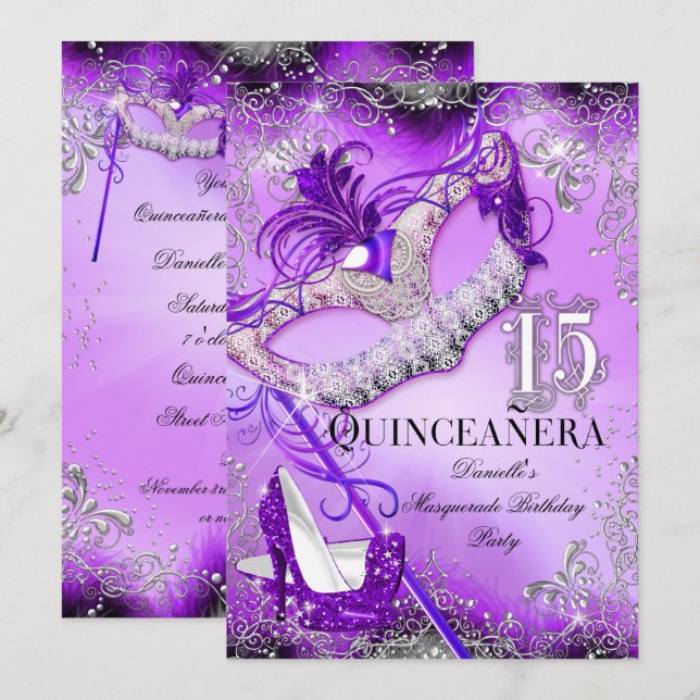 Purple Sparkle Masquerade Quinceanera Birthday Invitation (Front/Back)
