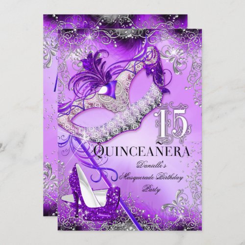 Purple Sparkle Masquerade Quinceanera Birthday Invitation