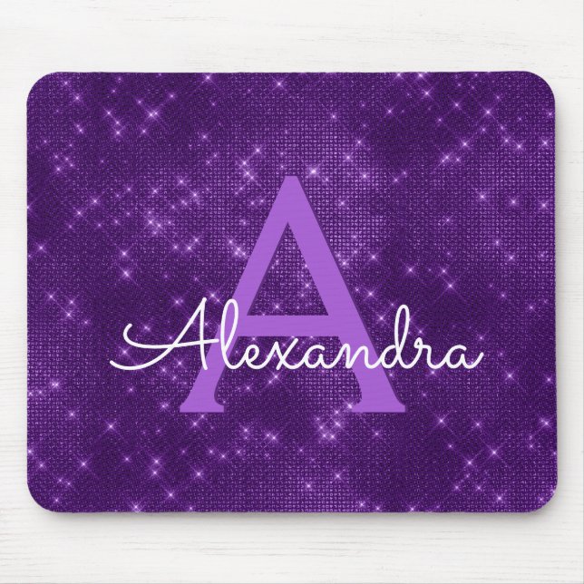 Purple Sparkle Modern Monogram Name Mousepad (Front)