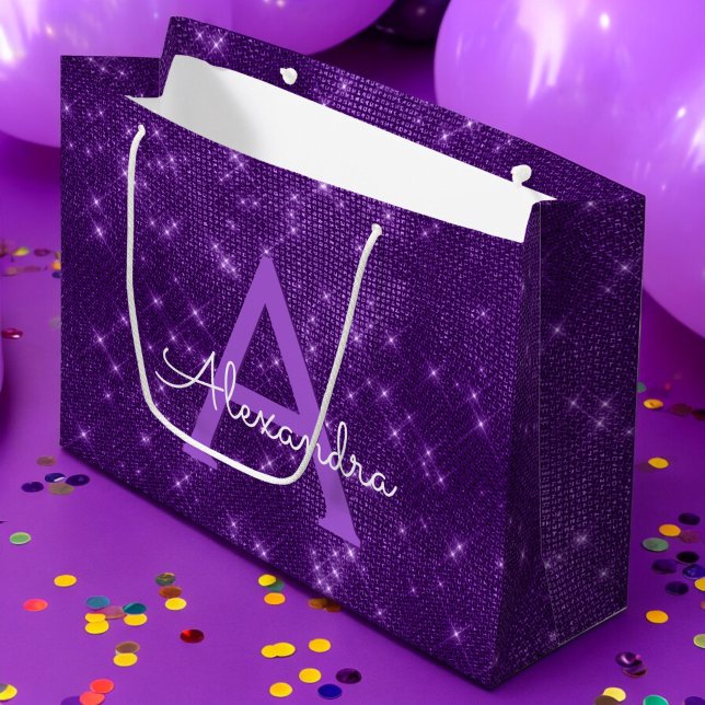 Purple Sparkle Monogram - Add Your Name Large Gift Bag (Creator Uploaded)