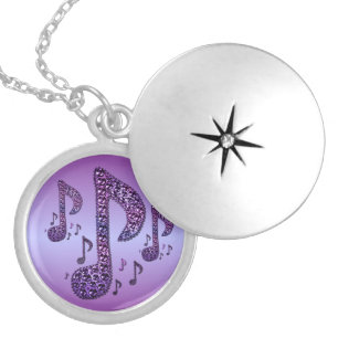 Purple Sparkle Music Notes Locket Necklace