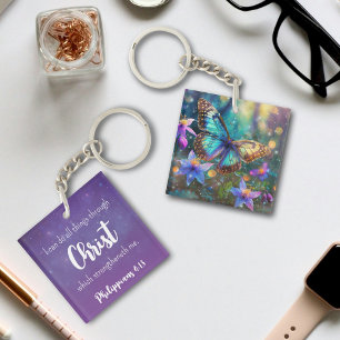 Purple Sparkle Philippians 4:13 Verse Butterfly Keychain