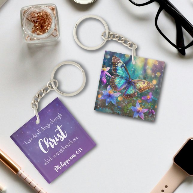 Purple Sparkle Philippians 4:13 Verse Butterfly  Keychain (Creator Uploaded)
