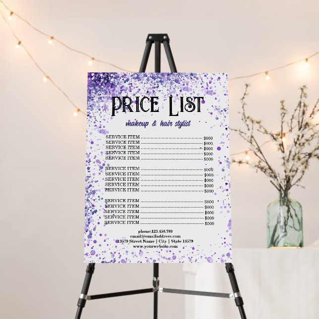 Purple Sparkle Price List for Beauty Professionals Foam Board (In Situ (Stand))