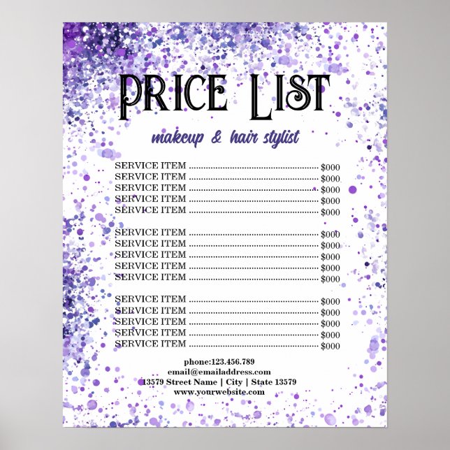 Purple Sparkle Price List for Beauty Professionals Poster (Front)