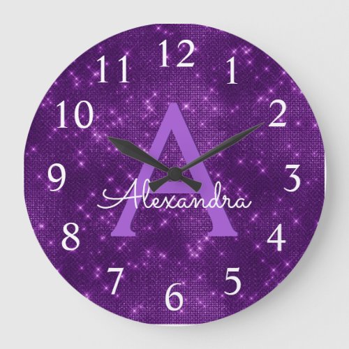 Purple Sparkle Shimmer Monogram Name  Initial Large Clock