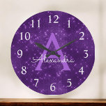 Purple Sparkle Shimmer Monogram Name & Initial Large Clock<br><div class="desc">Purple Sparkle and Shimmer Monogram Name and Initial Serving Wall Clock. The Wall Clock makes the perfect gift for someone who loves gold sparkle glitter.</div>