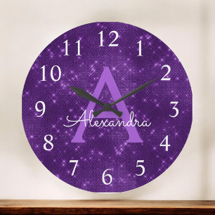 Purple Sparkle Shimmer Monogram Name & Initial Large Clock