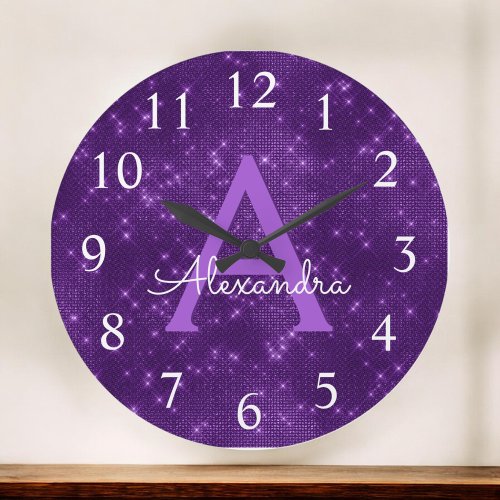 Purple Sparkle Shimmer Monogram Name  Initial Large Clock