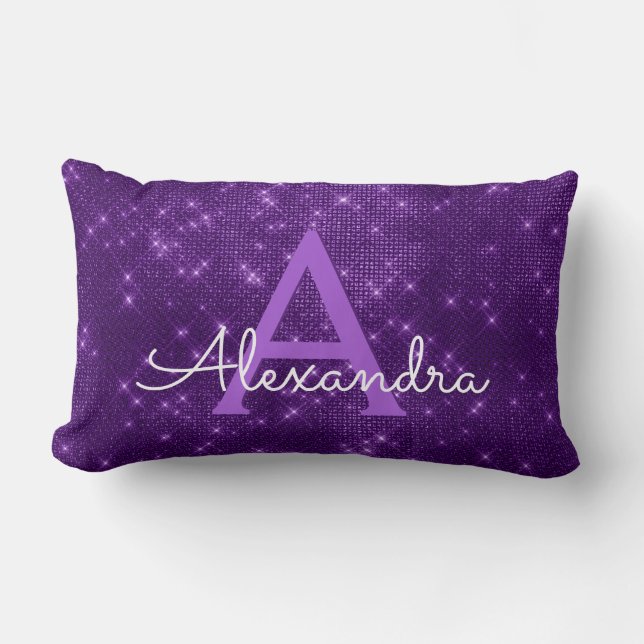 Purple Sparkle Shimmer Monogram Name & Initial Lumbar Pillow (Front)