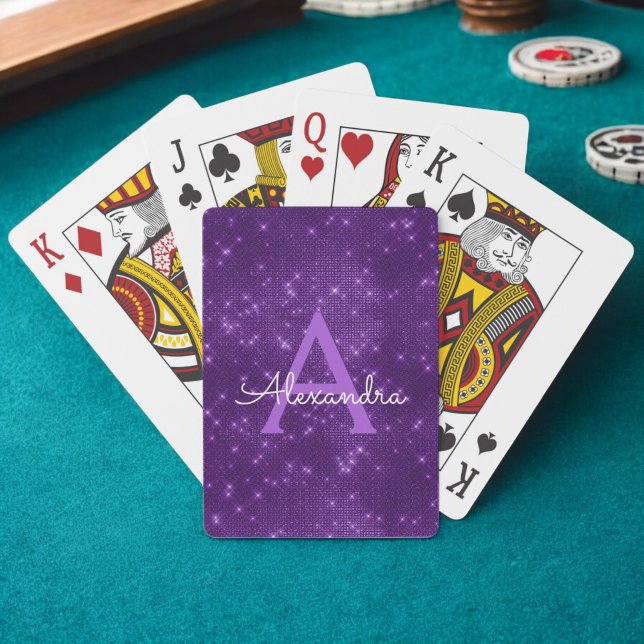Purple Sparkle Shimmer Monogram Name & Initial Poker Cards (Creator Uploaded)
