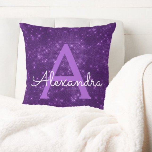 Purple Sparkle Shimmer Monogram Name & Initial Throw Pillow