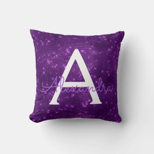 Purple Sparkle Shimmer Monogram Name & Initial Throw Pillow