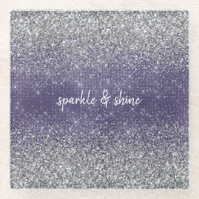 Purple Sparkle Silver Glitter Glass Coaster (Front)