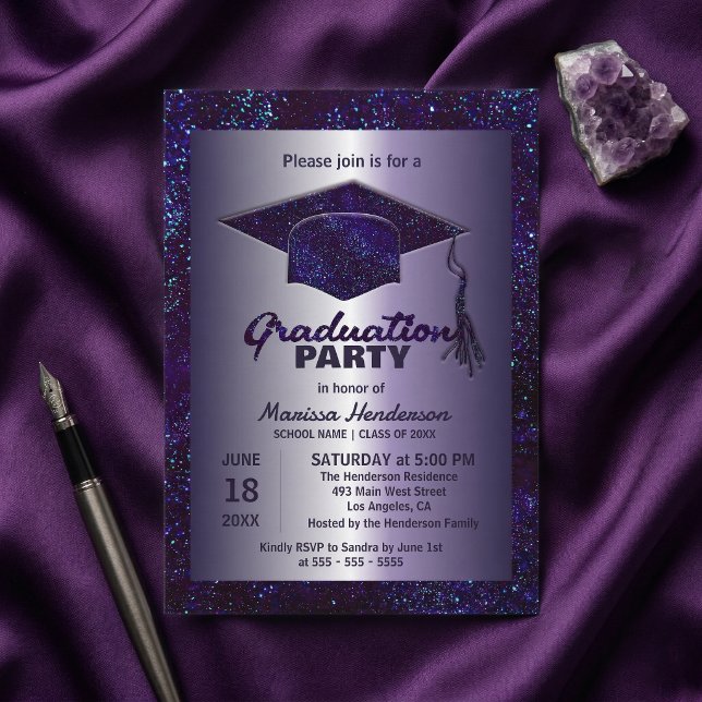 Purple Sparkle Silver Glitter Graduation Party Invitation (Creator Uploaded)