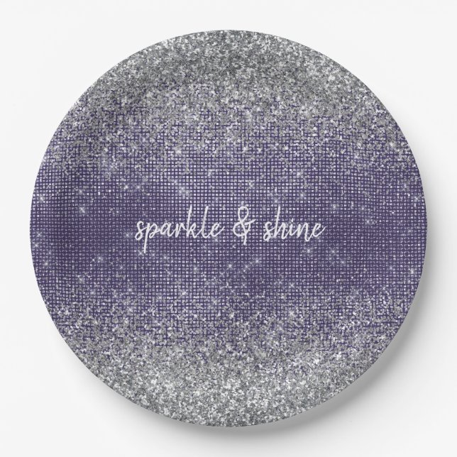 Purple Sparkle Silver Glitter Paper Plates (Front)